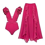 IDOPIP Women's One Piece Swimsuit with Cover up Beach Skirt Retro Floral Printed Swimsuit Bathing Suit Ruffle V-neck Monokini Swimwear Sarong Coverup Two Piece Bikini Set Beachwear Hot Pink - Cutout L