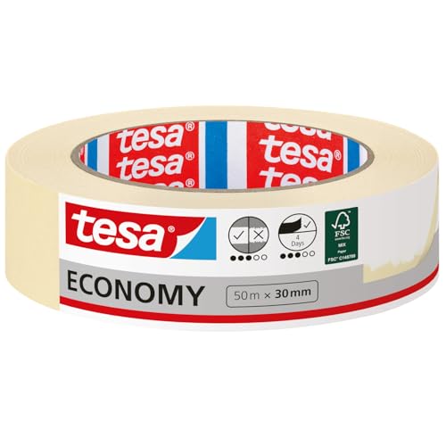 tesa Malerband ECONOMY - Vielseitiges Klebeband für Malerarbeiten ohne Lösungsmittel - Bis zu 4 Tage nach Gebrauch rückstandslos entfernbar 50 m x 30 mm