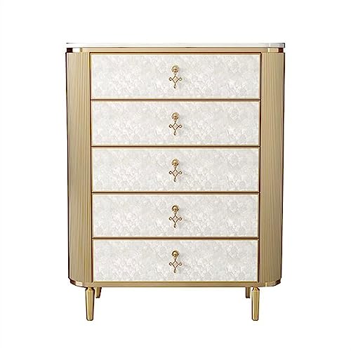 Cómodas Cómoda Cómoda de 5 cajones Cómoda de lujo Gabinete con cajones de cabecera for dormitorio Panel de roca Gabinete de almacenamiento de madera con mango de metal de forma especial Organizador de