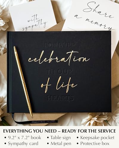 Image of Funeral Guest Book Memorial Service - Celebration of Life Sign in Condolences Registry with Golden Pen | Elegant In Loving Memory Remembrance | Premium Hardcover 9 x 7 Inches, Table Sign & Back Pocket