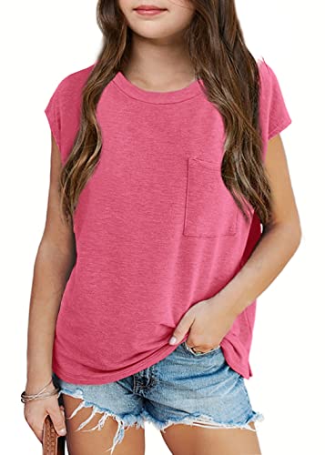 Image of Imily Bela Girls Cap Sleeve Summer Tops Casual Crewneck Loose Tshirts with Pocket