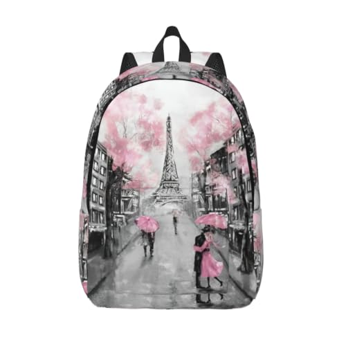 Mochila de lona de gran capacidad con diseño floral rosa y motivos de París