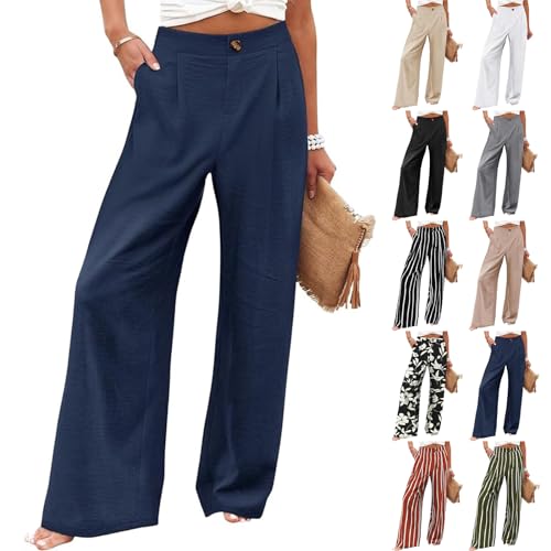 eoeioa Wide Leg Pants for Women Dressy Button High Waisted Business Pants Summer Casual Work Beach Pants Trousers with Pocket