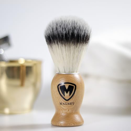 MAGNET Magnetic Shaving Brush for Face and Beard, Wood Handle with a Metal Plate for hanging dry upside down, a Brush Stand Free