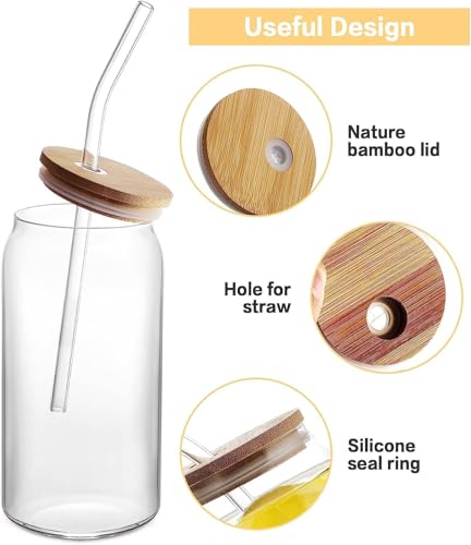 Image of Glass Mug with Bamboo Lid and Straw, 510ml, for Cold Drinks, Smoothies, Coffee(Pack of 1) (Transparent)