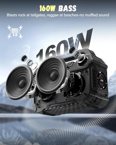 Image of Outdoor Bluetooth Speaker, 160W Loud Bass! Rugged, IP67 Waterproof, 24H Playtime with Lights, Wireless TWS Pairing Portable Speakers for Party, Outsides, Travel, Beach, Garage (Black) | Rugged portable speaker with deep bass, LED lights, TWS pairing for parties, beach, travel, camping, garage