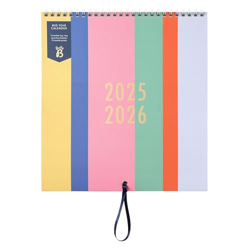 Busy B Family Wall Calendar – Mid-Year Calendar Aug ’25 – Aug ’26 – Multi Stripe Design – For Busy Families with 5 Columns, Storage Pockets, Ribbon Hanging Loop & Colour-Coded Stickers – 25.5 x 23.5cm