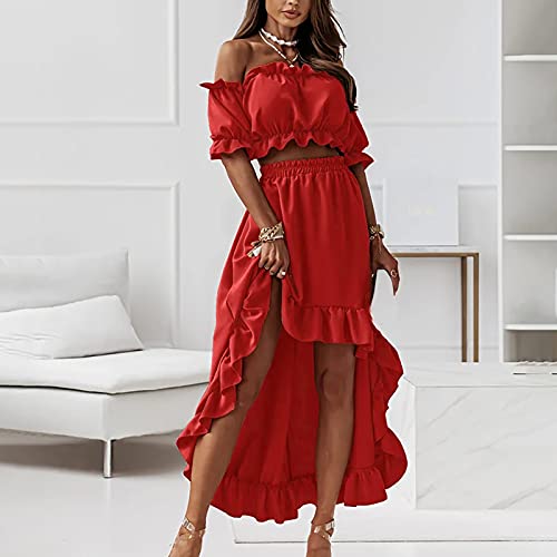 Off Shoulder Two Piece Outfits For Women Solid Tube Tops And Skirt Set Short Sleeve Irregular Ruffle Dress Red #TOP1