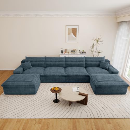 Image of 136 inch Cloud Couch Modular Sectional Sofa for Living Room, U-Shape Boneless Couch with Deep Seat, Modern Corduroy 4-Seater with Ottomans, No Assembly Required, Blue