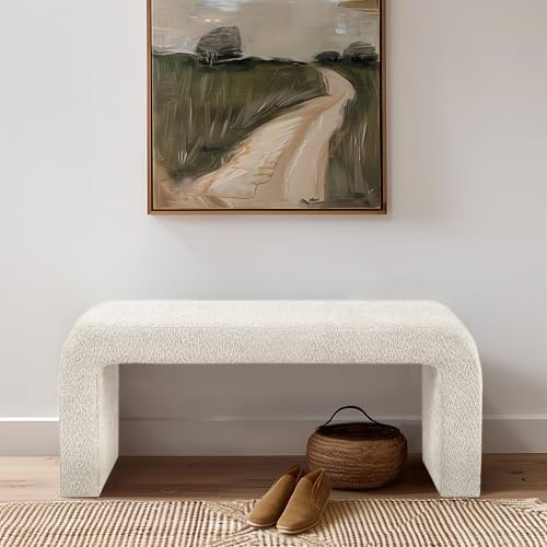 Ink+Ivy Steve Entryway Accent Bench Padded Cozy Plush Boucle Upholstered Bench for Living Room Modern Curved Corner Compact Bed End Bench for Bedroom Indoor Seating Fully Assembled 42 W Cream