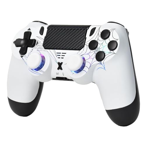 mone Wireless Controller for PS4/PC, White Spider Design, Hall Effect Joystick, RGB Lighting, Dual Vibration, 6-Axis Gyro, Touchpad, Type-C Charging, 3.5mm Headphone Jack