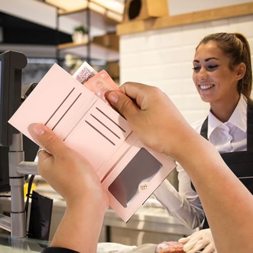 WishLotus Small Wallets Woman, PU Leather Slim Credit Card Holder Compact Ladies Wallets with ID Window Trifold Wallet for Traving Shopping (Pink)4