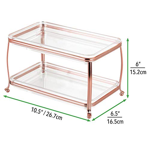 mDesign Decorative Makeup Storage Organizer Vanity Tray for Bathroom Counter Tops, 2 Levels to Hold Makeup Brushes, Eyeshadow Palettes, Lipstick, Perfume and Jewelry - Rose Gold/Clear