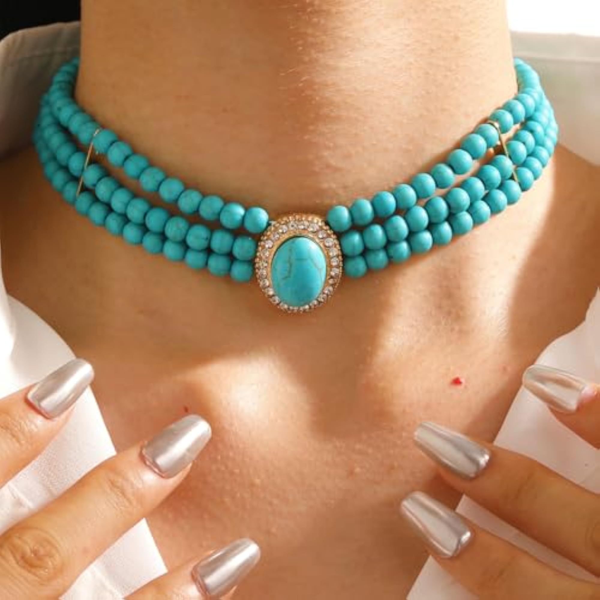 Turquoise Blue Beaded Choker Necklace Set for Women
