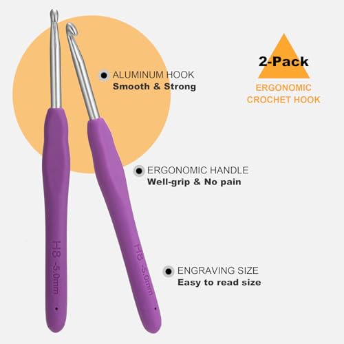 Image of 2Pcs Size H / 5.0mm Crochet Hooks, Ergonomic Crochet Hook for Arthritis and Beginners, Extra Long, Smooth, Comfortable (Size H / 5.0mm)