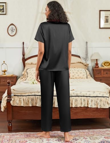 Image of Ekouaer Satin Pajamas Set for Women Silk Button Down Sleepwear Short Sleeve Loungewear 2 Pieces Nightwear