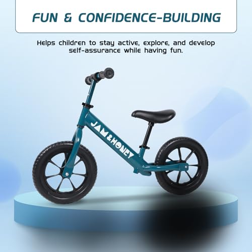 Image of Amazon Brand - Jam & Honey 12T Balance Bike for Kids | Adjustable Handlebar & Seat | Anti-Puncture Wheels | Max Weight 25 Kg | 2+ Years | Blue