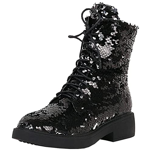 FIFSY Women Sequin Glitter Combat Ankle Boots Shiny Lace up Block Heels Sparkly Boots