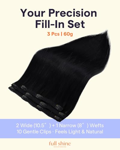 Image of Full Shine Jet Black Clip in Extensions, 10 Inch 3 Pcs 60g | Lightweight Clip in Hair Extensions Real Human Hair, Straight for Thin Hair, Lightweight Comfortable Wear