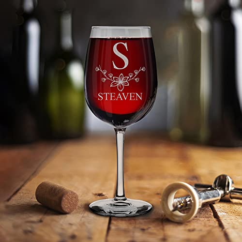 Personalized Floral Monogram Initial With Name Engraved Stemmed Wine Glass Custom Drinking Glass Gift For Women & Men (1 Pcs) #TOP4