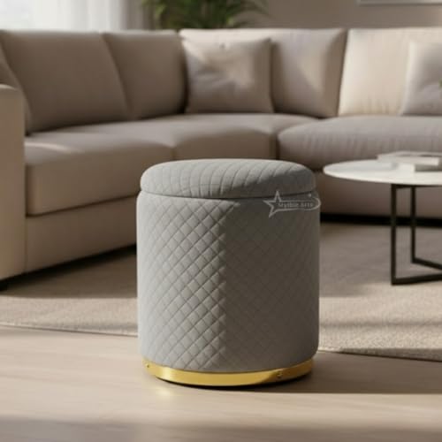 Image of Premium Round Storage Ottoman Stool 13 X 13X 16 inch, with Gold Metal Base | Luxury Pouffe with Hidden Storage | Cushioned Footrest for Living Room, Bedroom & Lounge Grey
