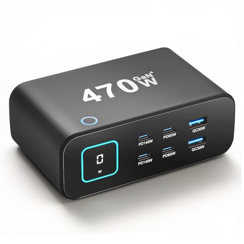 Cargador USB C 470W Puiseno de 6 puertos GaN para ordenador portátil y iPhone 17