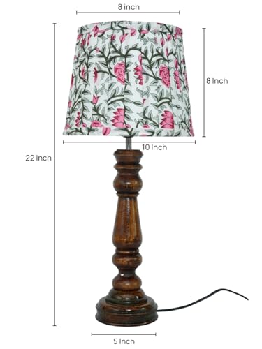 Image of Green Girgit Classic Wooden Lamp in Walnut Brown Color with Pleeted Multiolor Pink Rose Shade, Vintage Wooden Table Lamp with Floral Print Shade, Decorative Light for Bedroom (LED Bulb Included)