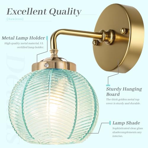 Image of Vintage Wall Sconce Gold Bathroom Vanity Light Hand Blown 1-Light Globe wall Sconce Indoor Wall Light with Blue Glass Shade Mid Century Modern Wall Lighting for Bedroom Hallway Living Room