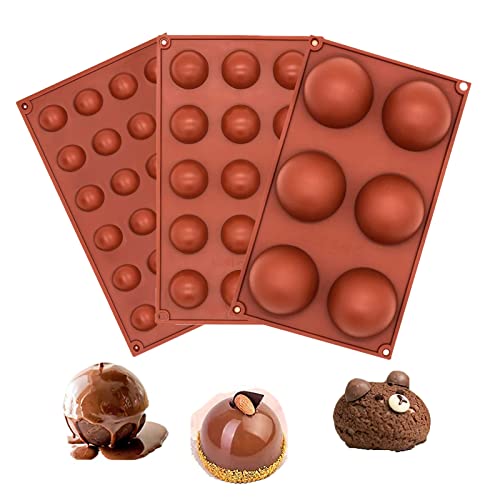 3 Pièces Moule Silicone Demi Sphère, Moule Boule Silicone, 3D Moule Gâteau Demi Sphère Set de 6, 15 et 24 Cavités pour la Fabrication de Chocolat, Gâteau, Gelée, Mousse de Dôme