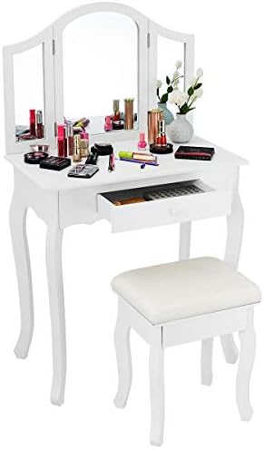 Casart Bathroom Vanity Makeup Table Set w/Tri-Folding Mirror & Cushioned Stool Dressing Table (White)