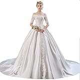Hochzeitskleid Damen Halbarm Schulterfrei Blumenspitze Applikation Kapellenschleppe Braut Ballkleid Brautkleid Prinzessin Braut Maxikleid Bankett Partykleid Elegantes Abendkleid Abendkleid Elfenbein