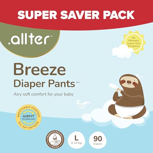Image of .allter Breeze Baby Diaper Pants - L Size (9-14 Kgs) | 90 Count, Pack of 3 | AirFit Technology for Breathable Comfort | Dermat Tested | 12-Hour Dryness, Super Soft & Absorbent with Wetness Indicator
