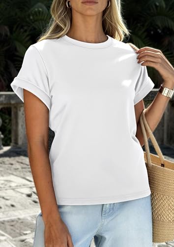 Image of PRETTYGARDEN Womens Summer Tops Short Sleeve Shirts | Lightweight Stretchy Knit,Rolled Sleeves,Crewneck Basic Tees,Loose Fit Daily T Shirt,Casual Work Travel Vacation Outfits