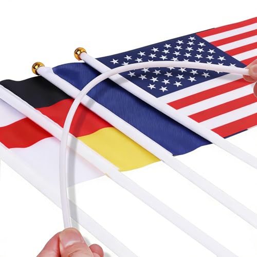 AhfuLife 48 Länder Kleine Länderfähnchen für Deko WM 2026, 48 Länder Doppelseitige Stoff Handgehaltene Flaggen mit 30cm Weißem Pole, Flaggen der Welt für Fußball Olympia Haus Bar Party Deko