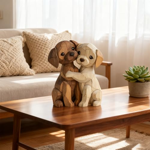 Komergave Hunde Holz Deko, 2D Flache Holzfiguren, Niedliches Hunde Holzfigur, Gemütliche Deko Figur Ornamente für Paare Kinder Frauen Männer für Büro Schreibtisch Bücherregal Badezimmer (cremefarben)