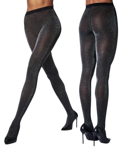 Rzkulek Womens Sparkly Metallic Shimmer Tights 50D High Waist Glitter Pantyhose Perfect for Party Evening Wear (Large Black(Silver))