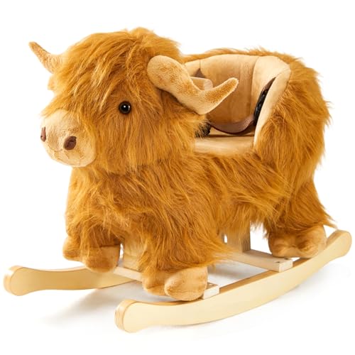 Baby Rocking Horse,Highlander Cattle Wooden Rocking Horse for Toddlers 1 Year Old Cute Cow Stuffed Plush Ride-on Toy Rocking Animal for Baby Boys and Girls Nursery/Child Christmas or Birthday Gift