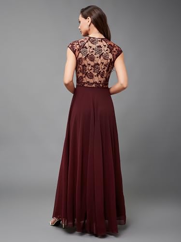Image of Miss Chase Women's V-Neck Full Sleeve Self Design Lace-Overlaid Georgette Maxi Dress
