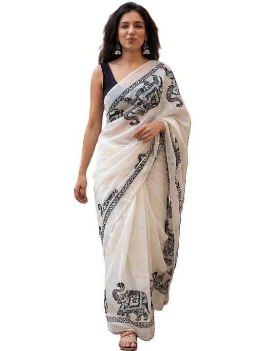 White Linen Saree with Blouse, Black Elephant Digital Print, Traditional Indian Ethnic Wear-picture-41