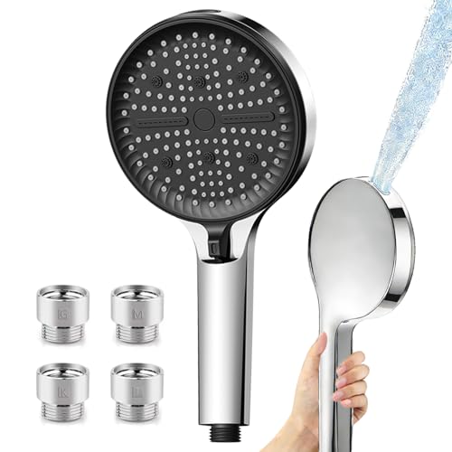 大直径円形シャワーヘッド 節水、６種類のシャワーモード、１３０ｍｍ大面板、９０％節水効果、低水圧＆高水圧両対応、ＡＩＲ増圧技術搭載、クリーニングモード付＆保湿スプレー効果あり、取り付け簡単、アダプター付き