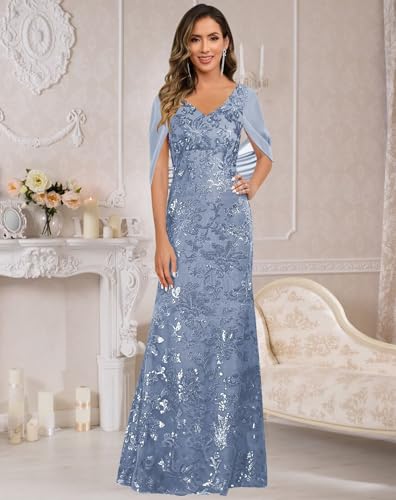 VCCICANY Sequin Mermaid Mother of The Bride Dresses for Women V Neck Long Evening Formal Gown with Cape Sleeves3