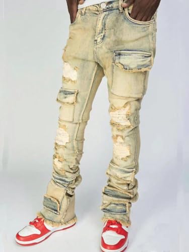 Mens Skinny Jeans Straight Leg Ripped Distressed Grunge Punk Rock Frayed Stacked Jeans3
