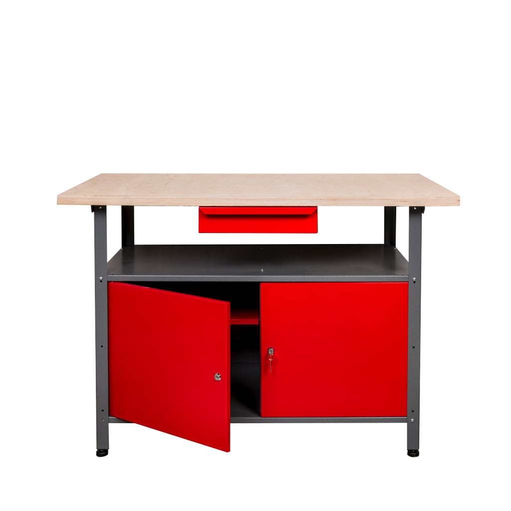 Werkbank Metall 120 x 85 x 60 cm, Werktisch mit Türen und Schublade | 30 mm Sperrholzplatte, verschließbare Türen und Schublade – solide Werkstatteinrichtung