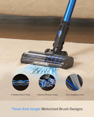FABULETTA Cordless Vacuum Cleaner for Home, 400W Lightweight Vacuum Cleaner with MAX 47Min Detachable Battery, Brushless Motor, 6 in 1 Stick Vacuum for Hardwood Floors and Carpet Pet Hair Car(Blue)