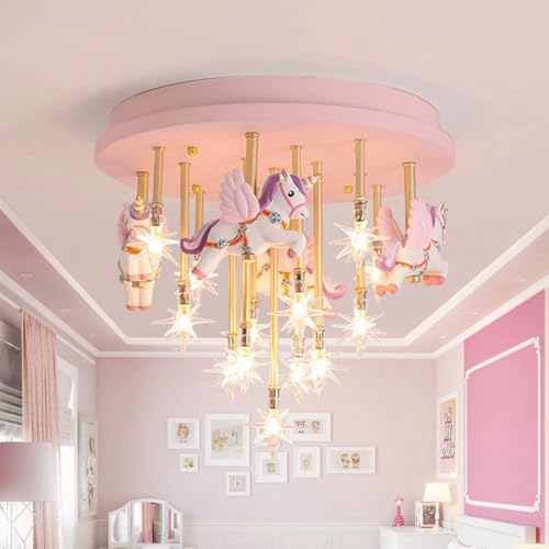 Plafonnier LED Licorne Rose Lampe de chambre d’enfant Dimmable 3-Couleur Créatif lampe à suspension Chambre de Fille Moderne Dessin Animé Lustre Princesse...