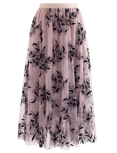 Flygo Women's Midi Long Tulle Skirts Dressy Casual Elegant A-Line Elastic Waist Foliage Embroidery Mesh Skirt