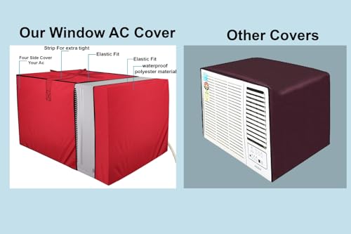 Image of The Furnishing Tree Elastic fit waterproof Polyester window ac cover compatible for Blue Star 1.5 Ton ID318YKU Dustproof cover for inner and outer section, Red