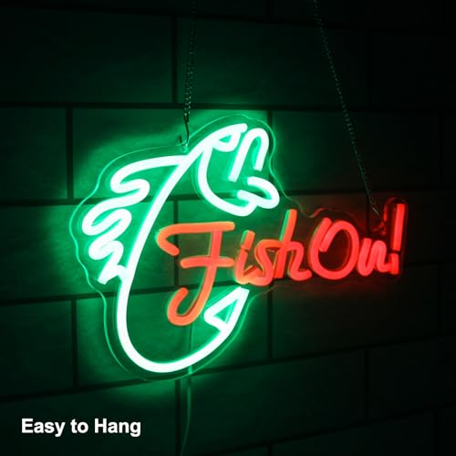 Image of Fish On Neon Sign Go Fishing LED Lights for Bedroom Garage Decor Men Gifts | Fish Neon Light for Wall, Dimmable Acrylic Fishing Sign, Green Red Letter Light Up Sign, Man Cave Yacht Decor, Fishing Gifts