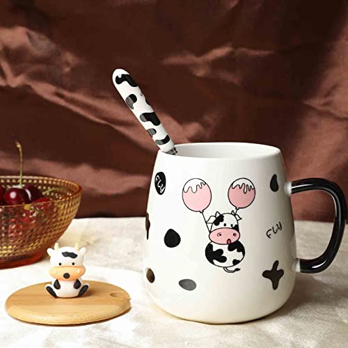 Xefinal Cute Cow Coffe Mug With Cover And Spoon, Ceramic Cow Coffee Mug, 420Ml Kawaii Cow Mugs, 3D Animal Cow Mug Prefect Gifts For Boys Girl Women Kid (Balloon Cow) #TOP3