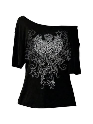 Women's Off The Shoulder Goth Graphic Tees Short Sleeve Asymmetrical Oversized Y2K T Shirts